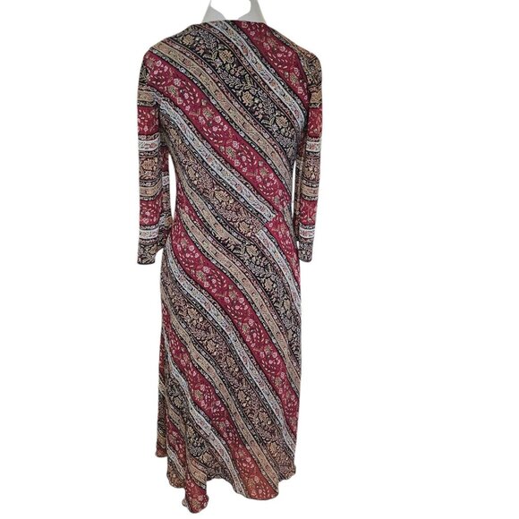 Y2K Womens 8 Dark Floral Midi Dress Dark‎ Red Tan Laceup Whimsigoth Boho Chiffon - Picture 6 of 11